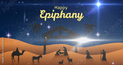 Image of happy epiphany text over snow falling and nativity scene
