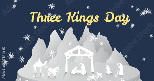Image of three kings day over falling snow and nativity scene