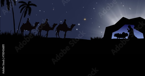 Image of silhouettes of kings with camels silhouettes and nativity scene