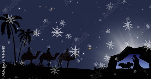 Image of snow falling over silhouettes of kings and camels silhouettes