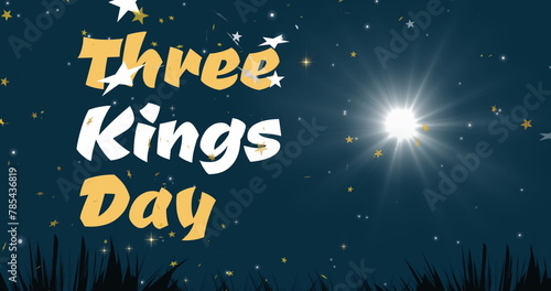 Image of three kings day text over stars falling and sky