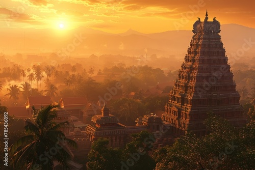 A beautiful sunset over a city with a large temple in the background