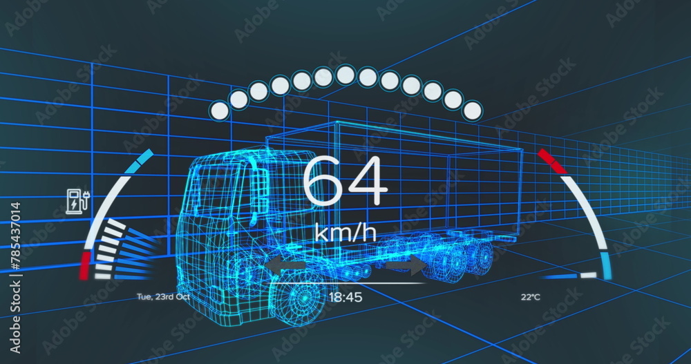 Fototapeta premium Image of speedometer over electric truck project on navy background