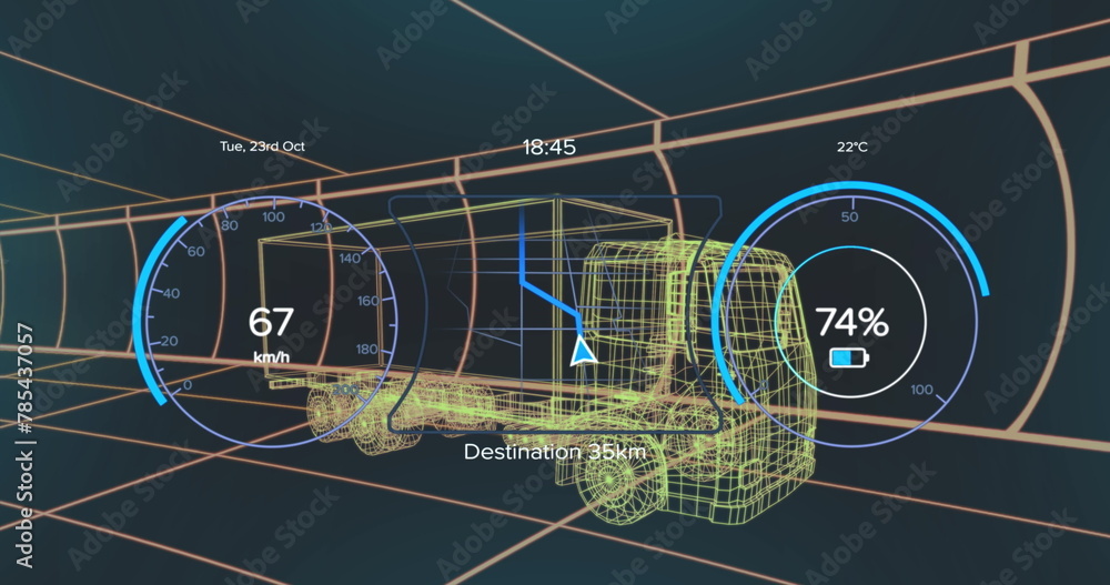 Naklejka premium Image of speedometer over electric truck project on navy background