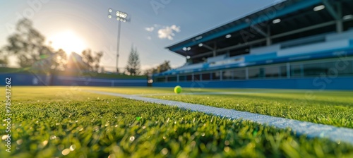 Vibrant grass tennis court prepared for tournament play with freshly mowed greenery photo
