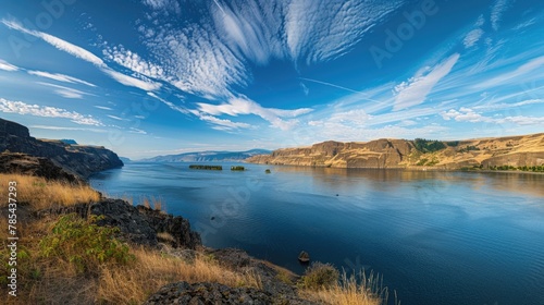 Outdoor River. Columbia River Panorama with Blue Sky and Gorge View photo
