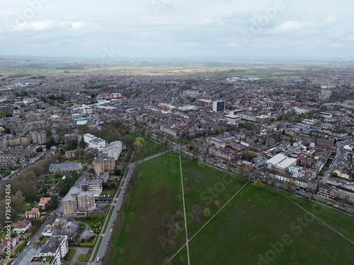 .Harrogate North Yorkshire town UK establishing aerial shot