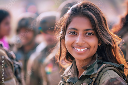 Indian woman army soldier smiling in Universal Camouflage Uniform photo