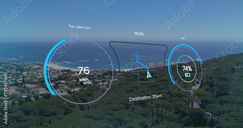 Image of speedometer and battery level over cityscape