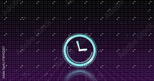 Image of clock moving in violet digital space with dots