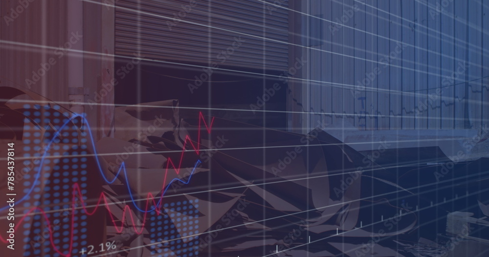 Image of financial data and graphs over junkyard Image of financial data and graphs over junkyard