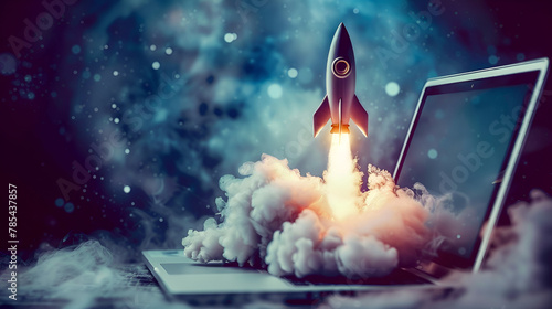 A small rocket takes off from a Laptop with vibrant color combinations in light sky blue and light gray colors for a website, business, and financial success concepts. 