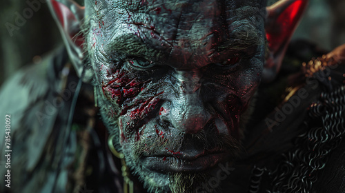 Portrait of an orc with cuts and blood on his face sca photo