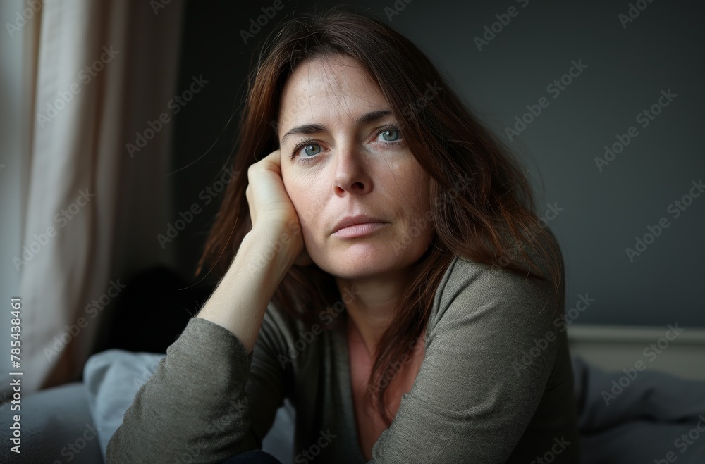 Concerned mature woman indoors Concerned mature woman indoors