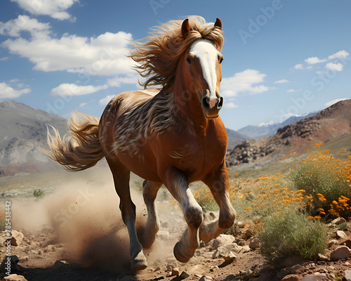 Horse galloping in the desert on a background of blue sky