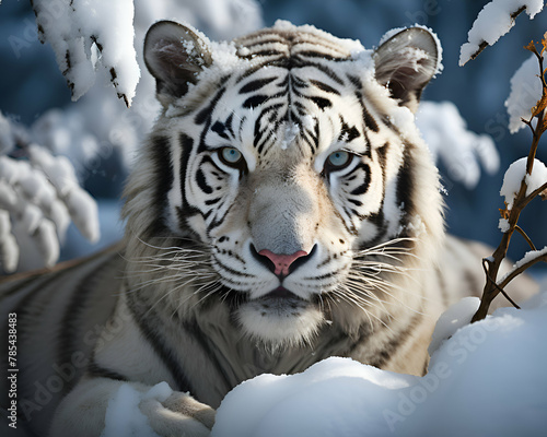 Closeup of a white tiger in the snow in winter.