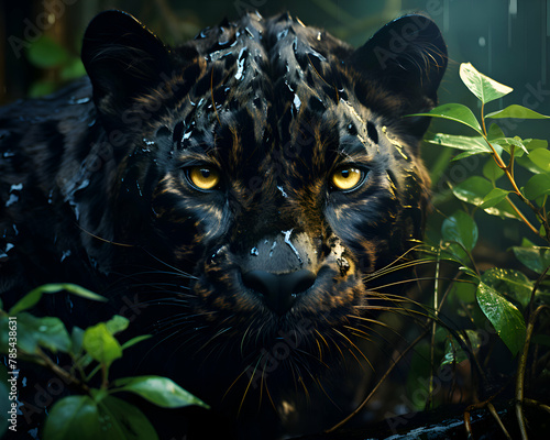 Portrait of a leopard in the rain. 3d rendering