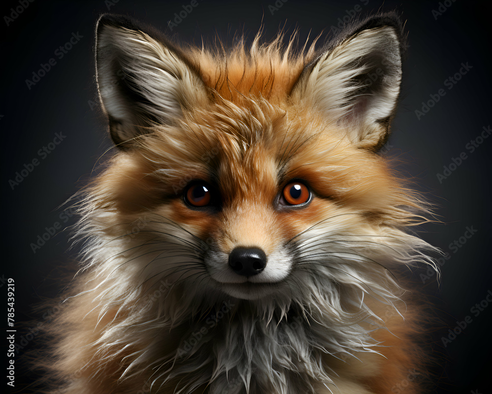 Closeup portrait of a red fox on a black background.