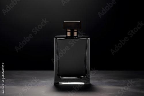Mockup of black fragrance perfume bottle mockup isolated on dark background