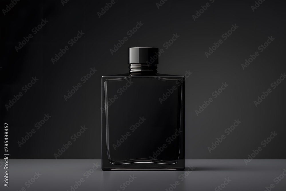 Mockup of black fragrance perfume bottle mockup isolated on dark background Mockup of black fragrance perfume bottle mockup isolated on dark background