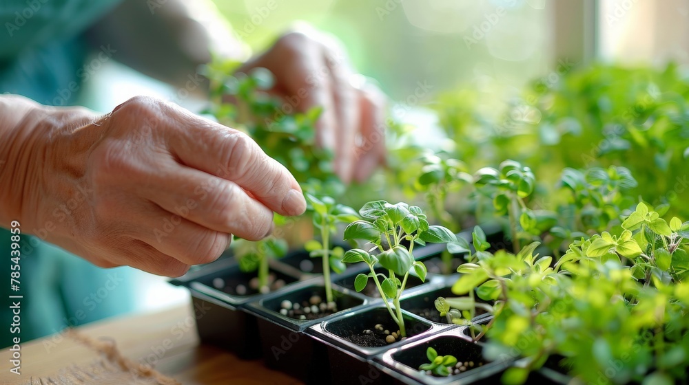A close-up of hands planting seeds in a small indoor planter, the beginnings of a herb garden that will thrive on a sunny kitchen windowsill.