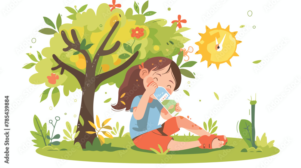 Girl kid sitting under tree hiding in shade drinking