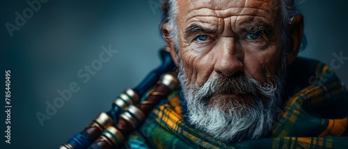Highland Melodies: A Bagpiper's Solemn Portrait. Concept Bagpiper Portrait, Traditional Scottish Attire, Highland Scenery, Musical Instruments, Soulful Expression