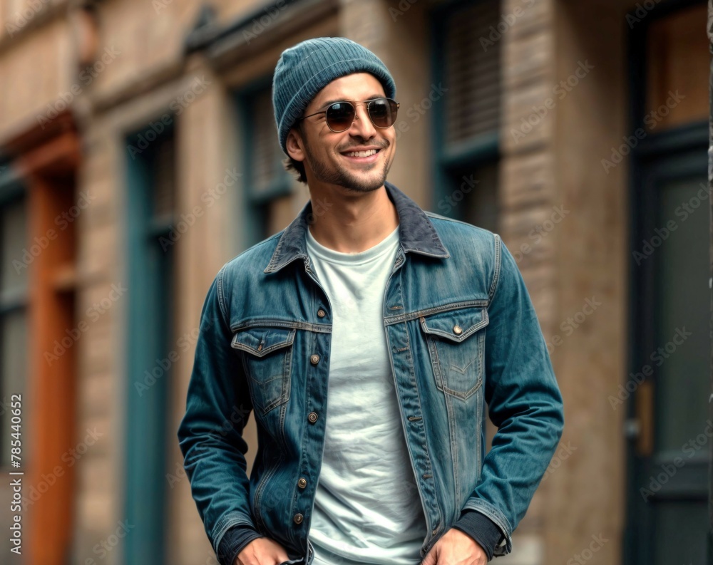 boy dressed casually in a denim jacket and hat walking happily and carefree down the street