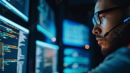 Cybersecurity Analyst Reviewing Code in Modern SOC