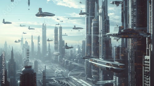Futuristic City Skyline with Flying Cars