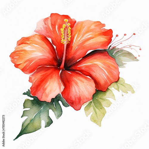A watercolor painting of a single, beautiful, bright red hibiscus flower.