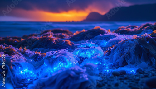 Glowing waves at sunset