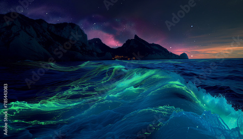 Bioluminescence kelp in ocean waves.