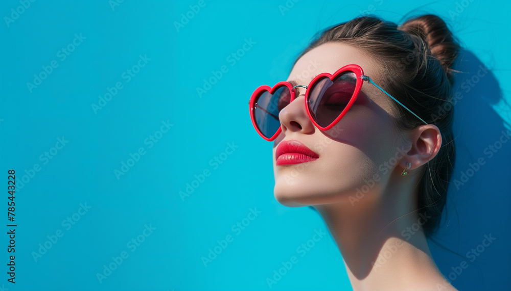 Woman in red heart shaped sunglasses Woman in red heart shaped sunglasses