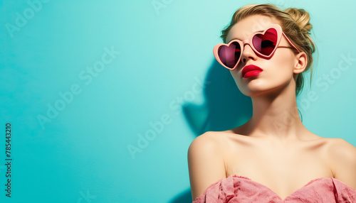 Woman in pink on blue background