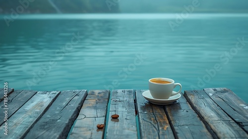 Against the backdrop of a serene lakeside retreat, a solitary coffee cup sits perched on a weathered wooden dock, its ripples mirroring the tranquil beauty of the surrounding landscape.
