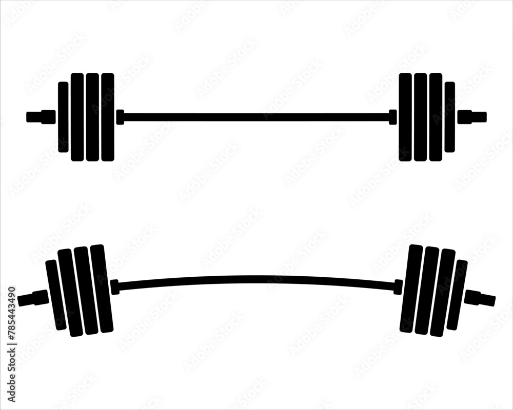 Black and white barbell icon. Set of barbells isolated on white background. Weight-lifting symbol. Sport equipment. Bodybuilding, gym, crossfit, workout. Vector illustration. - obrazy, fototapety, plakaty 