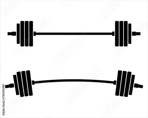 Black and white barbell icon. Set of barbells isolated on white background. Weight-lifting symbol. Sport equipment. Bodybuilding, gym, crossfit, workout. Vector illustration.