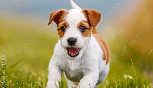 Playful puppy running in grass, adorable young pet enjoying outdoor playtime in green meadow