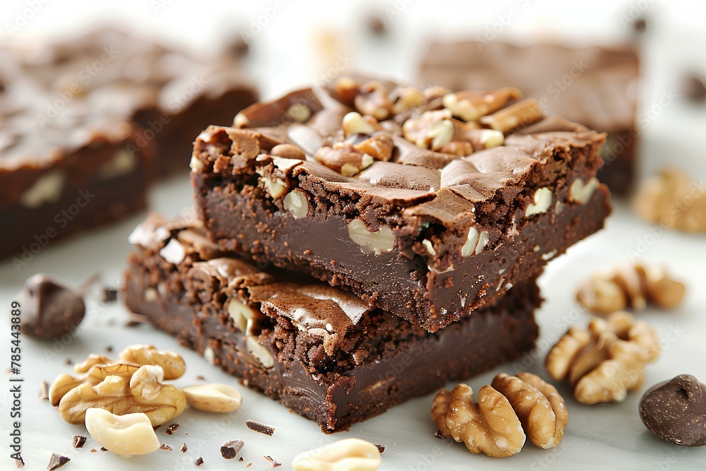 A close up of a stack of chocolate bars with nuts on the side of it and a few pieces of chocolate on A close up of a stack of chocolate bars with nuts on the side of it and a few pieces of chocolate on