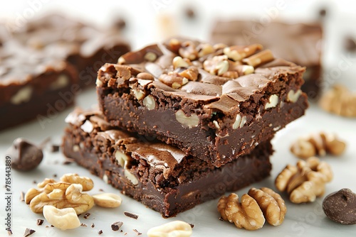 A close up of a stack of chocolate bars with nuts on the side of it and a few pieces of chocolate on