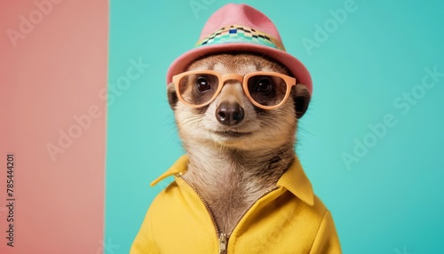 meerkat in a bright hat and stylish glasses, against the background of a blue wall, vintage and fashionable style. Isolated studio portrait close up. Funny, cute and unusual image.