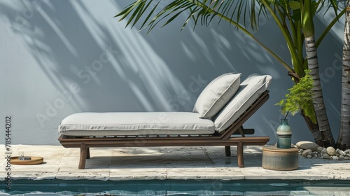 By the pristine poolside, a stylish outdoor lounge chair beckons photo