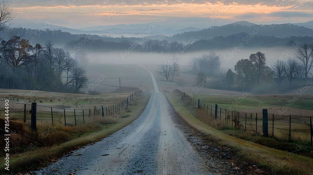 Misty Dawn Serenade: An Open Road's Whisper. Concept Nature Photography, Sunrise Captures, Outdoor Adventures