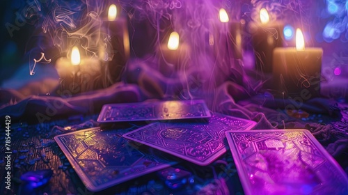 Mysterious tarot cards on a table with candles and mystical smoke photo