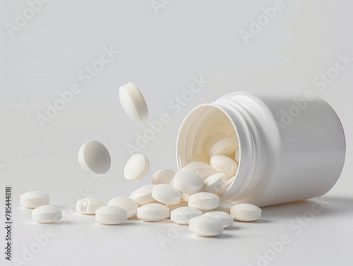 White tablets pill spilled out from white plastic bottle container. Pharmaceutical industry. 