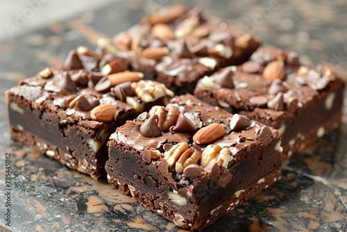 A close up of a plate of food with nuts on it and chocolate squares on top of each other a pastel photo