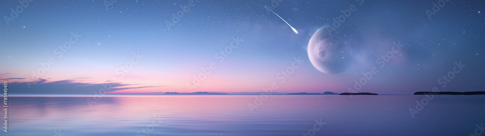 Panoramic View of Exoplanets Over Peaceful Ocean at Twilight