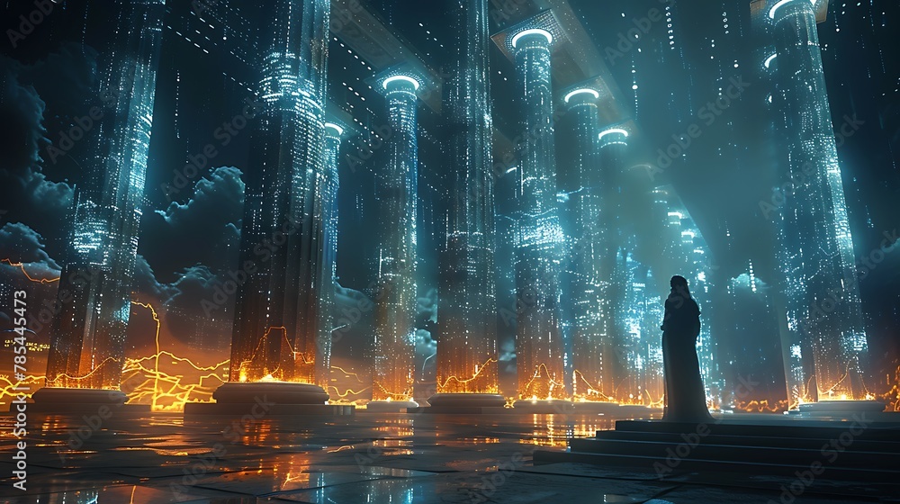 Explore the ethereal beauty of a virtual stock exchange, where columns of data rise and fall like spectral pillars in a digital cathedral of finance.