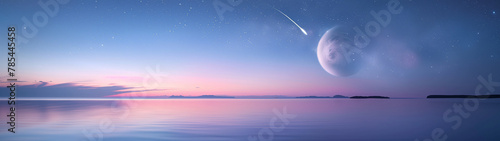 Panoramic View of Exoplanets Over Peaceful Ocean at Twilight